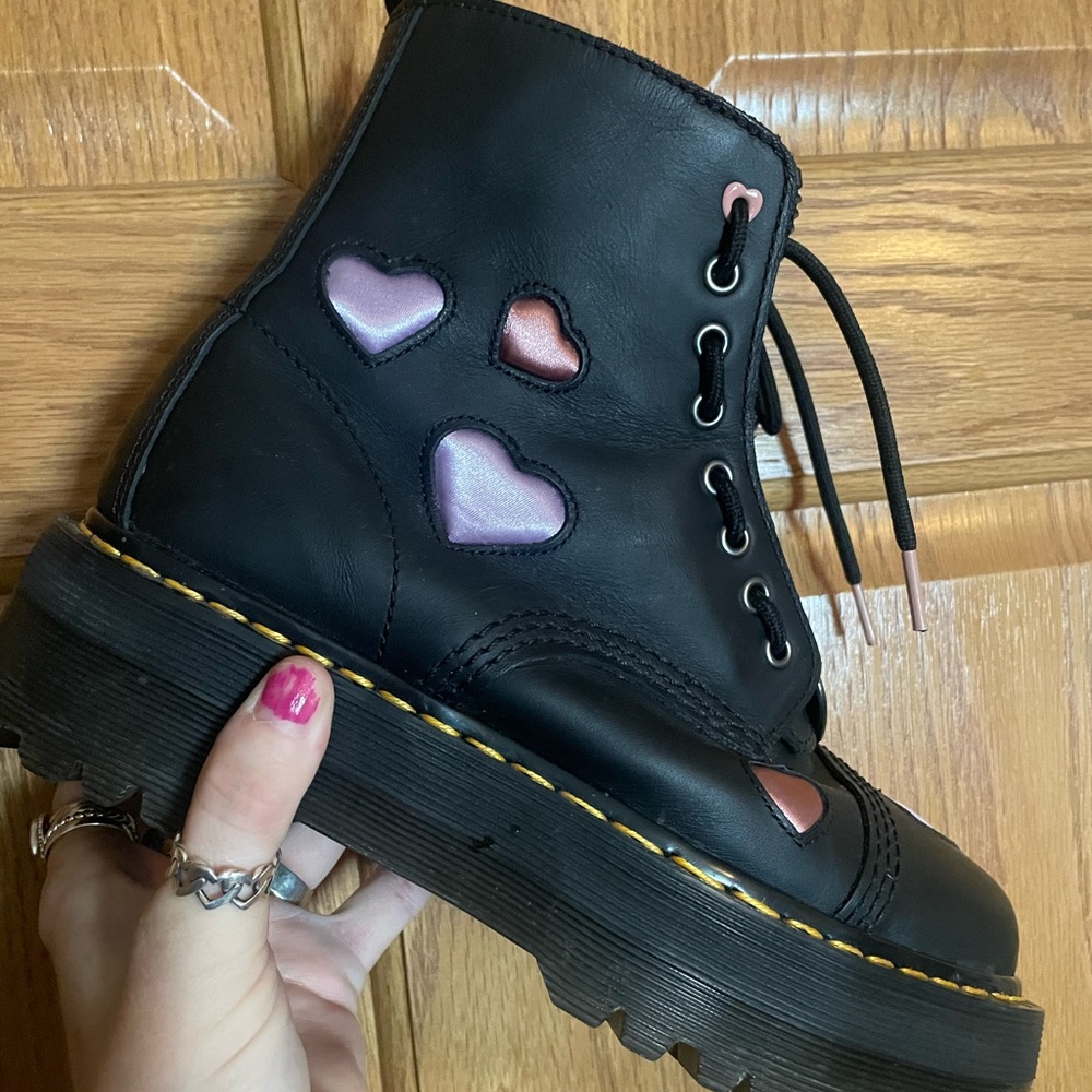 Dr. Martens Black Combat Boots with Pink and Purple Hearts